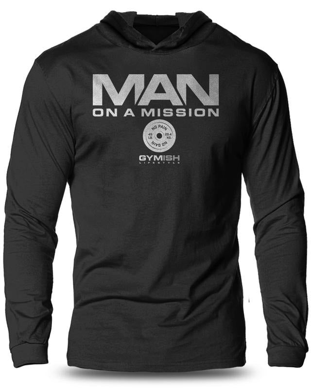 072. Man On A Mission Lightweight Workout Long Sleeve Hooded Gym T-shirt for Men Soft Cotton Menswear