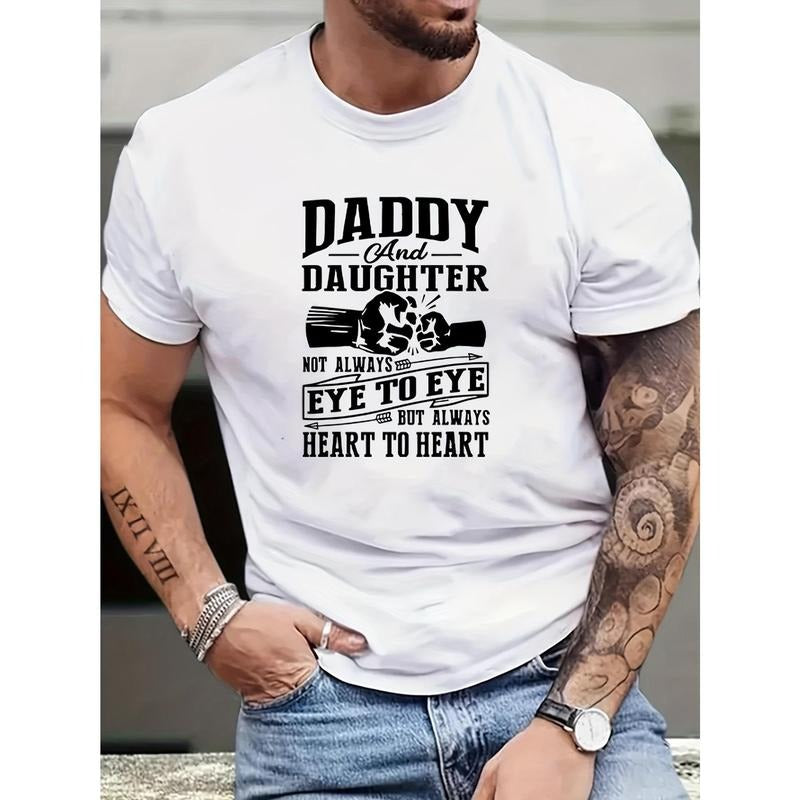 1 pc, 100% cotton T-shirt, Crew Neck Daddy And Daughter Print Men's Fashionable Summer Short Sleeve Sports T-shirt, Comfortable And Versatile Made in USA