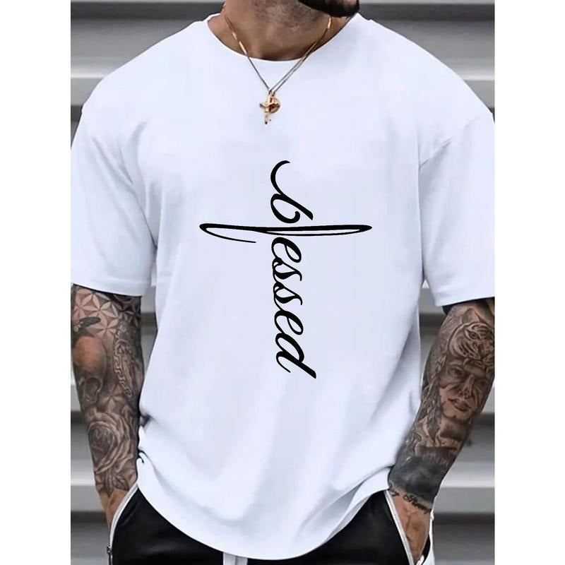 1 pc, 100% cotton T-shirt, Stylistic T Shirt For Men, Men Cross Shaped "Blessed" Letter Graphic Print T Shirt, Summer Trendy Short-sleeve Tees Tops For Big & Tall Guys Made in USA