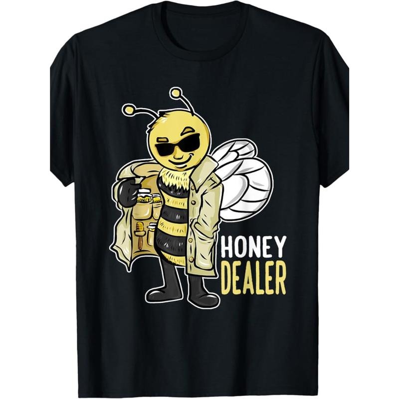 100% Made in USA, 180g Cotton 'Honey Dealer' Bee Graphic T-Shirt for Men - Funny Beekeeper Design with Fashion Glasses & Honeycomb Pattern, Short Sleeve, Round Neck - Ideal for Outdoor Activities Made in USA