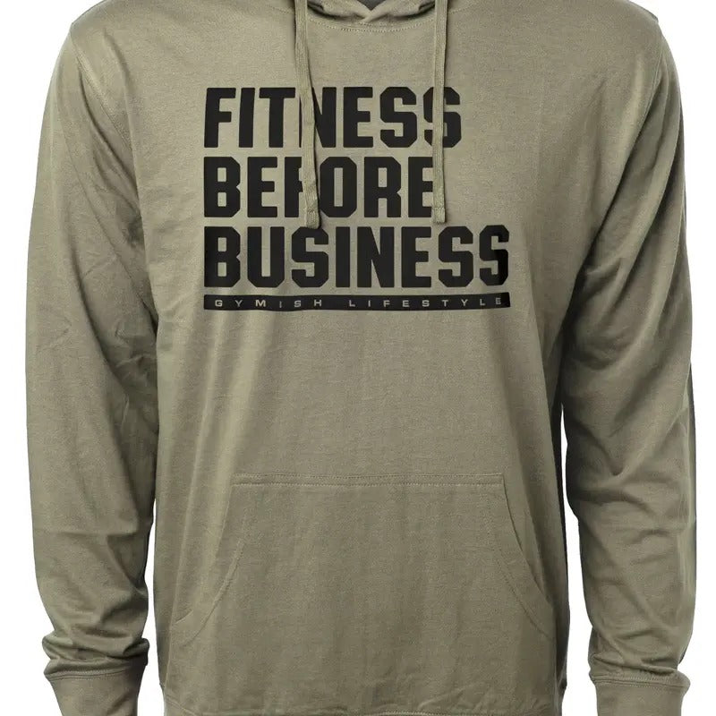 110. Fitness Before Business Funny Workout Gym Hoodie for Men Cotton Menswear