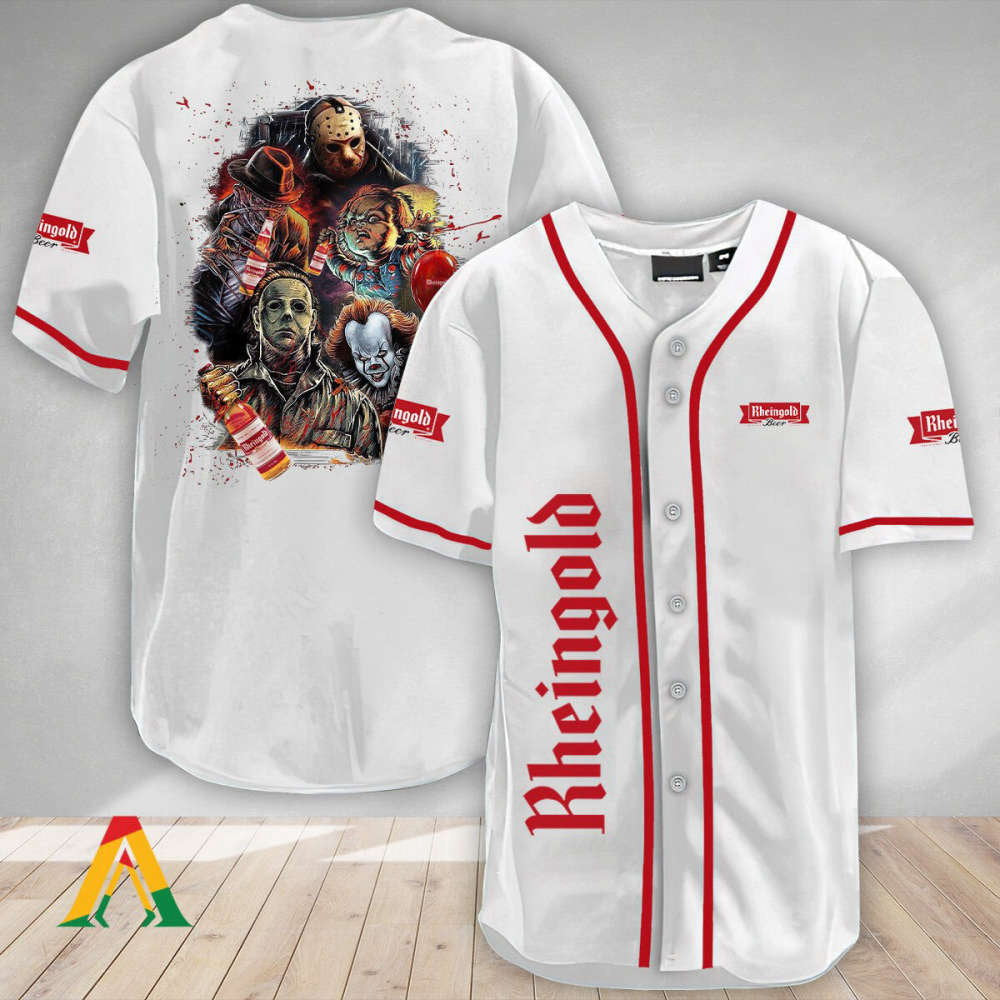 Halloween Horror Characters Rheingold Beer Baseball Jersey: Spooky Style for Baseball Fans - Aopprinter