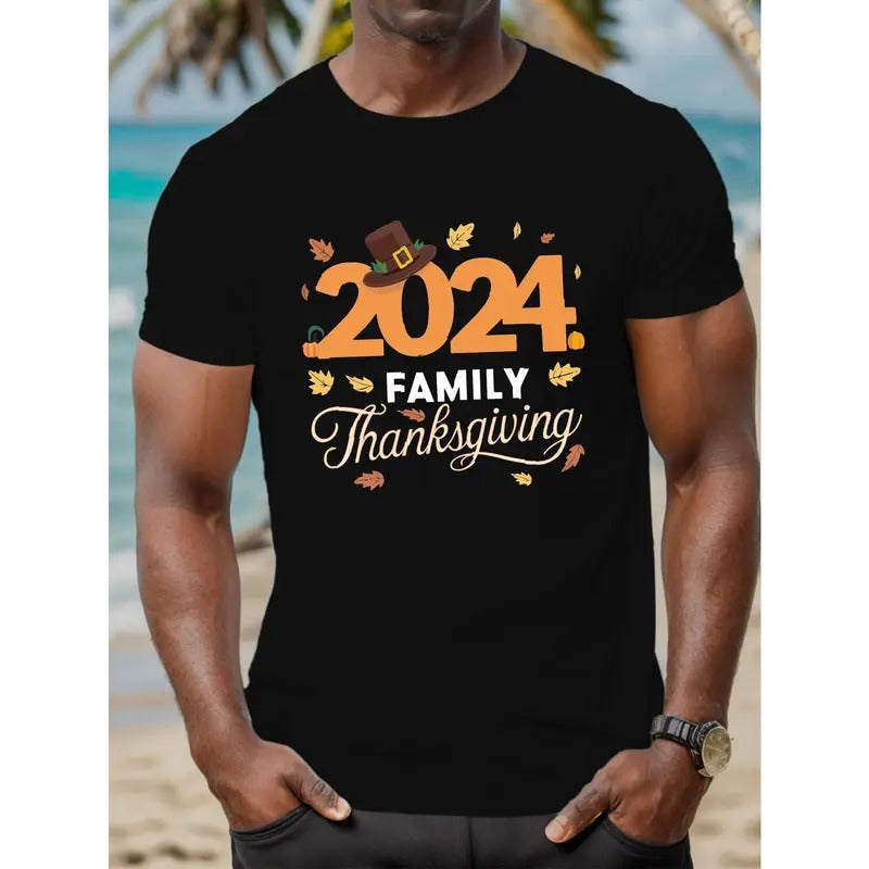 2024 Family Thanksgiving Crew Neck T-Shirt - 100% Cotton Knit Fabric with Geometric Pattern, Casual Style, Slight...
