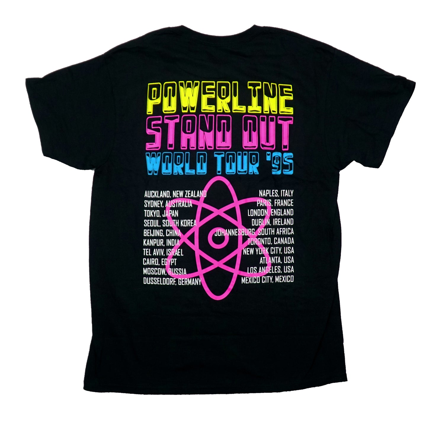 Powerline Mens T-Shirt -Neon Stand Out World Tour '95 on Front Cities