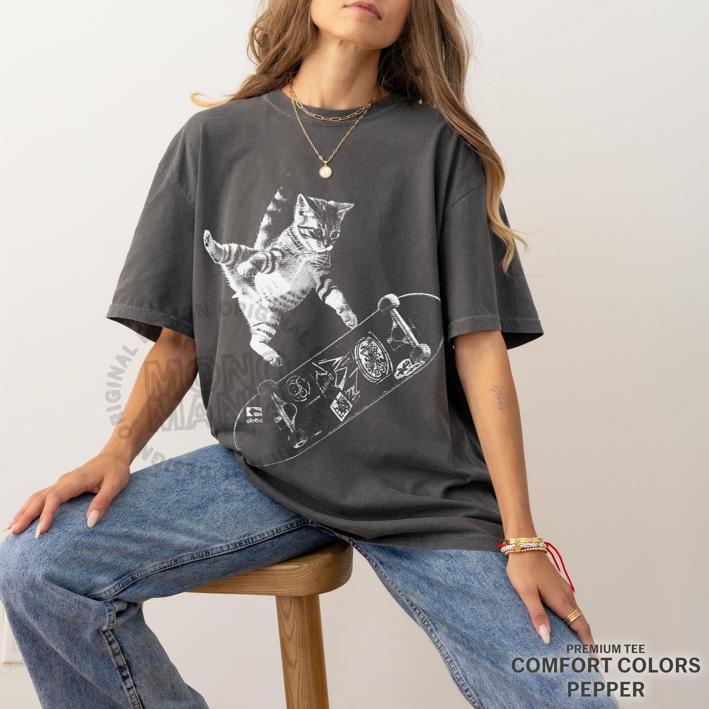 Retro Skateboarding Cat Vintage Kitten Punk Streetwear Tee Y2k Oversized (4)
