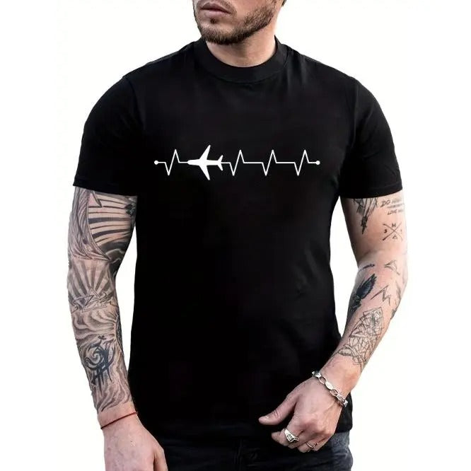 3D Heartbeat & Airplane Graphic Print Short Sleeve Crew Neck T-Shirt - Men's Trendy Color Block Shirts with Summer Outdoor Style and Comfortable Wear Made in USA