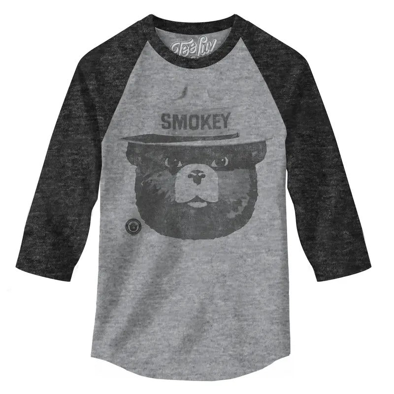 Smokey Bear 3/4 Sleeve Raglan T-Shirt - Gray and Black Hoodie, Sweatshirt | InkThreadWorks.com