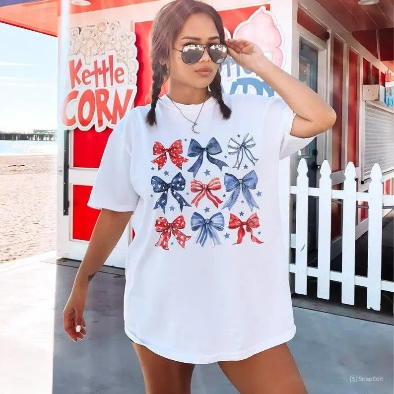 4th of July Bows Shirt, Coquette 4th of July, American Flag, USA Shirt, Patriotic Shirts, Coquette Bow TShirt
