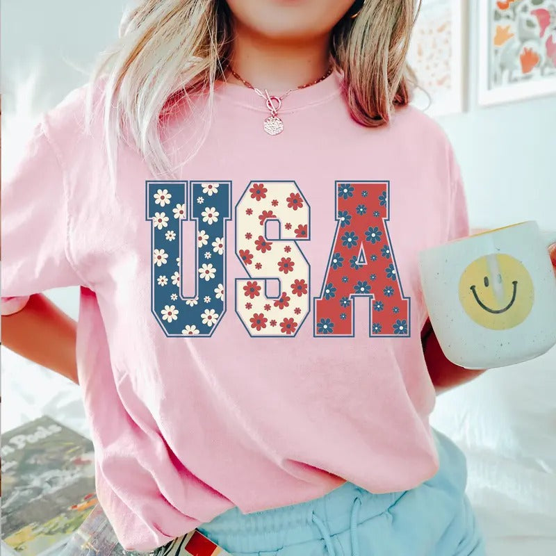 4th of July T-Shirt DRG - USA Floral Flowers Sweatshirt DRG - Independence day Women Tee & Sweatshirt #310-WID Hoodie