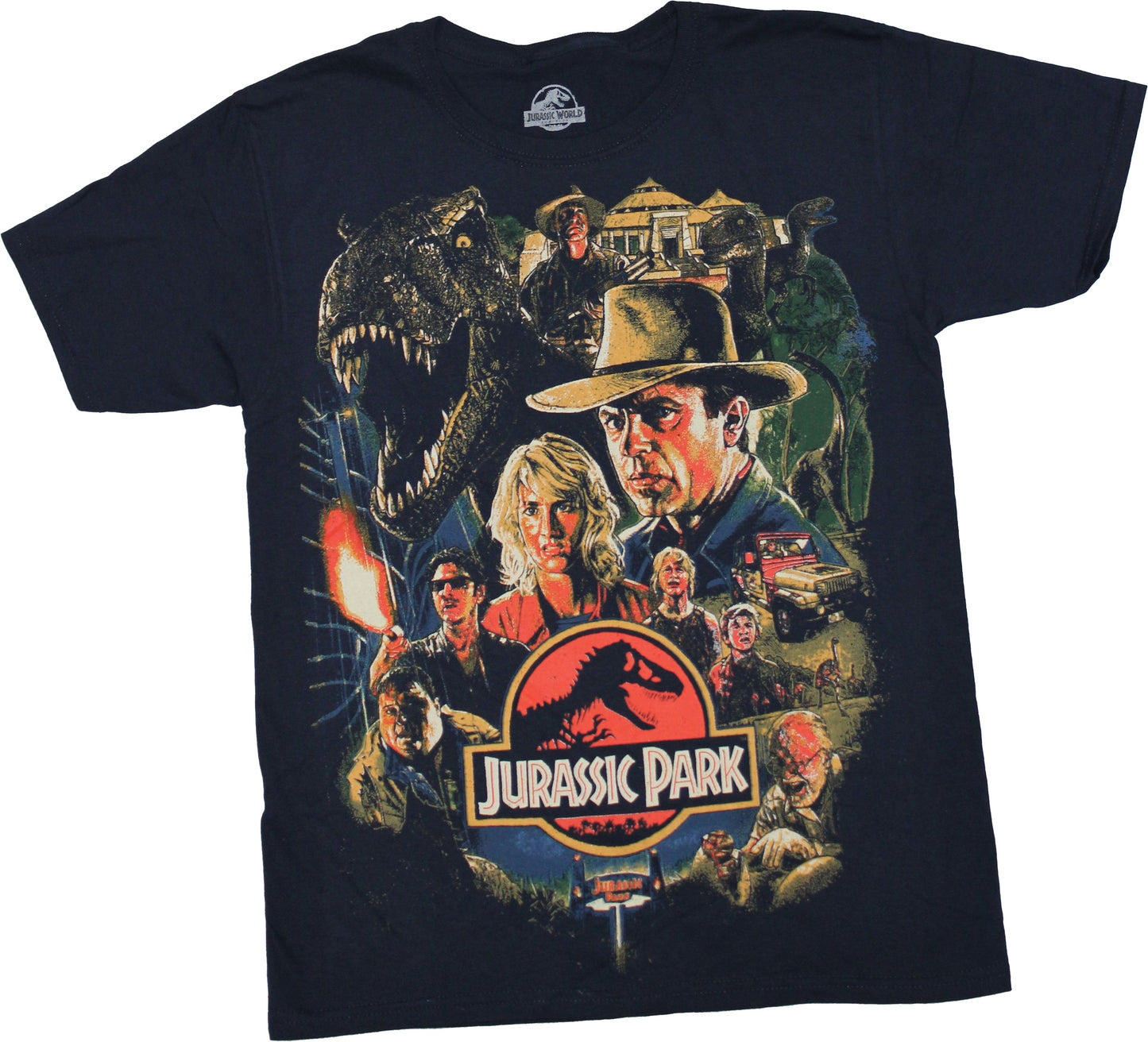 Jurassic Park Mens T-Shirt -Distressed Poster Cast Over Logo