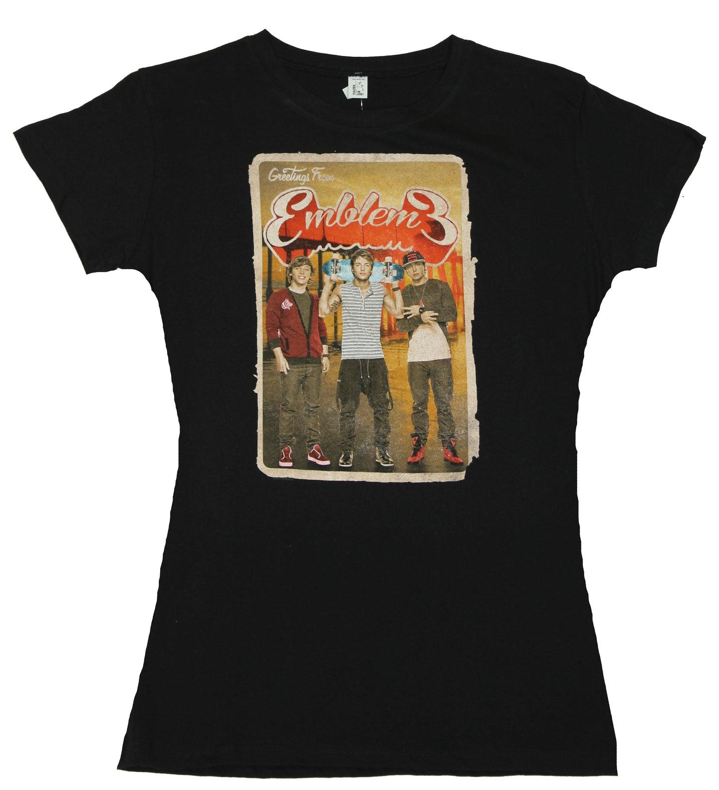Emblem 3 Girls Juniors T-Shirt - Greetings From Emblem 3 Photo Box Image