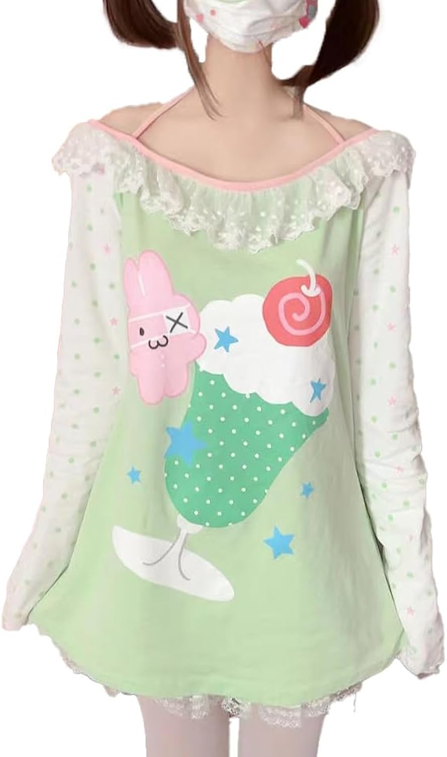 Womens Y2K Kawaii Print Sweatshirt Off Shoulder Lace Patchwork Tops Cute Japanese Graphic Casual T-Shirt