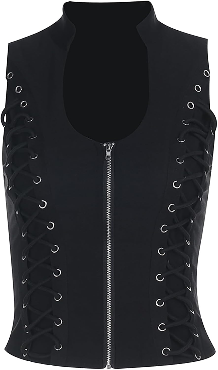Womens Sleeveless Punk Rock Crop Tank Top Zipper Goth Streetwear Y2k Music Festival Outfits