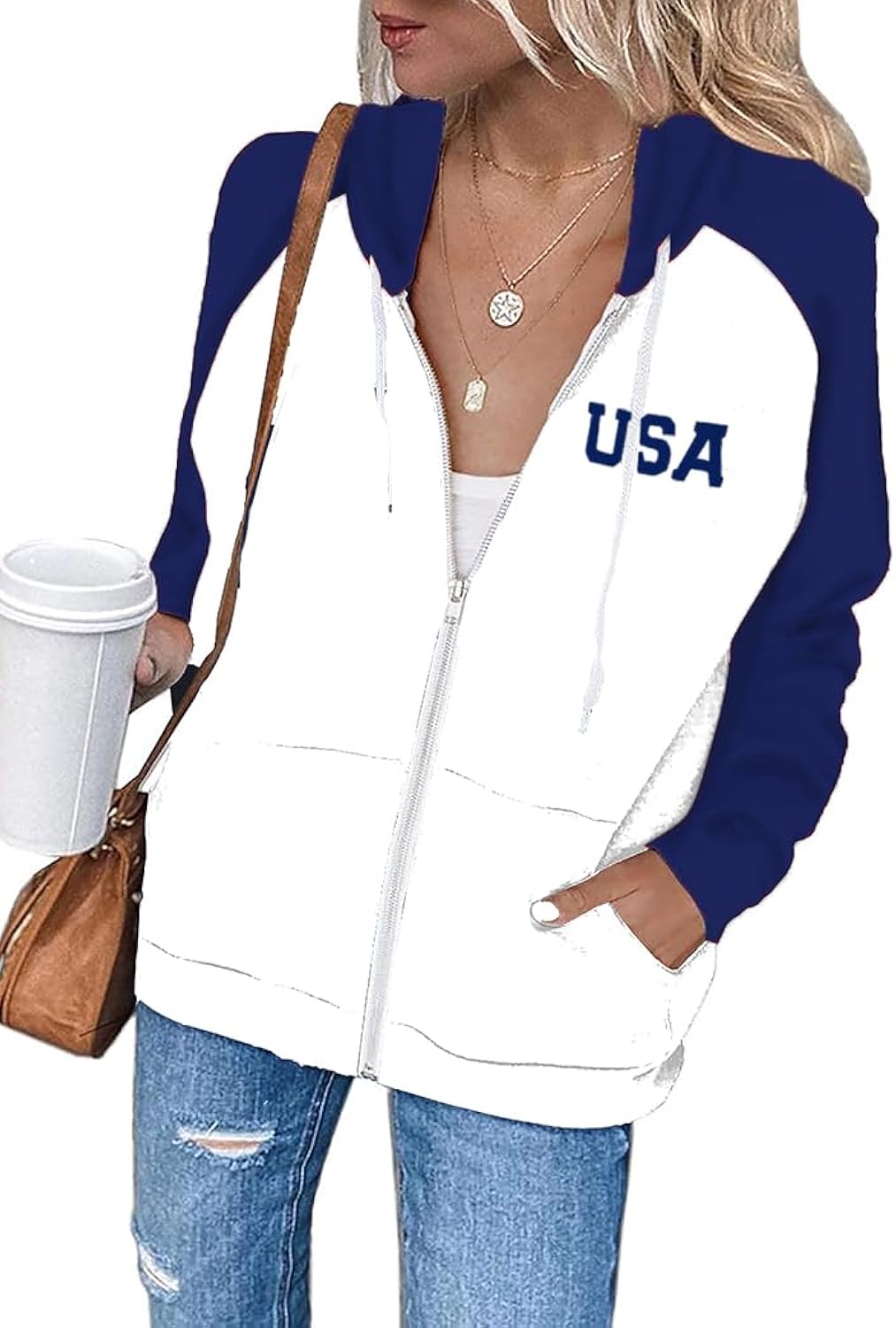 Zip Up Hoodie Women's American Flag Graphic Hoodies Casual Long Sleeve USA Shirt Color Block with Pockets