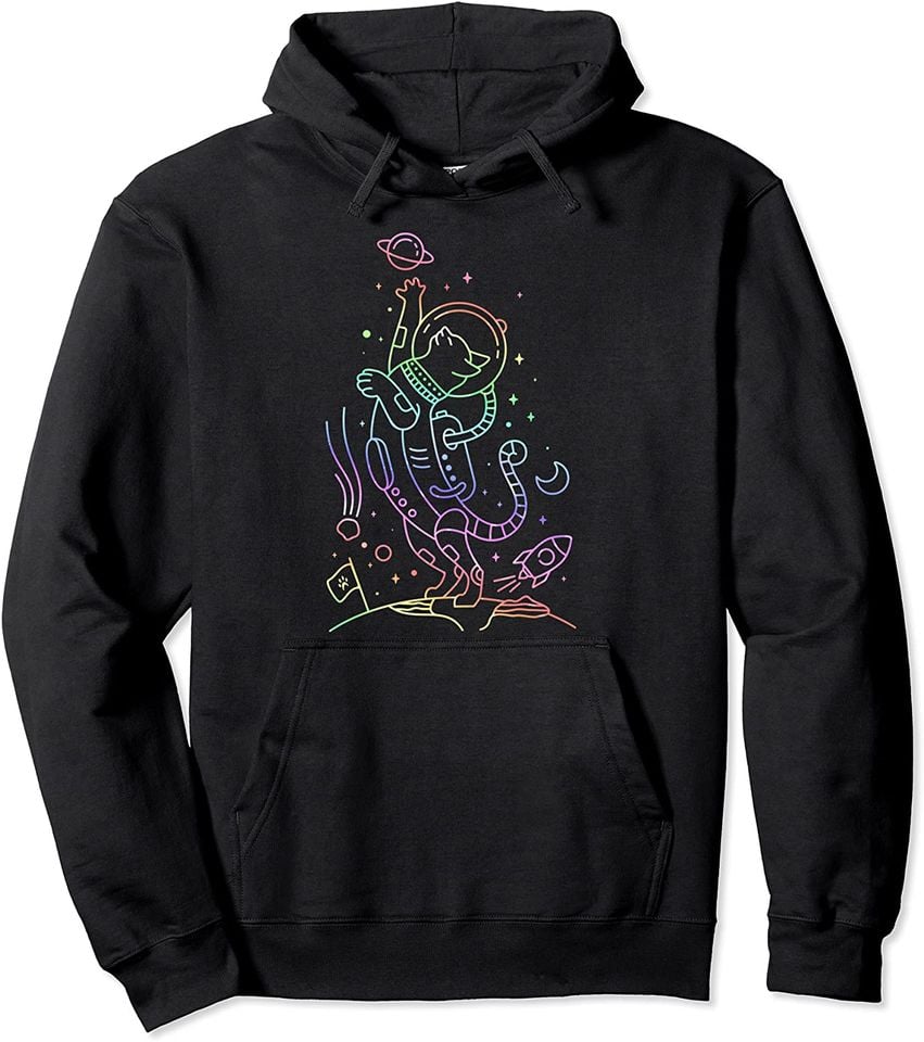 Trippy Color Hoodie Cat Trippy Colorful Line Art Space Astronaut Pullover