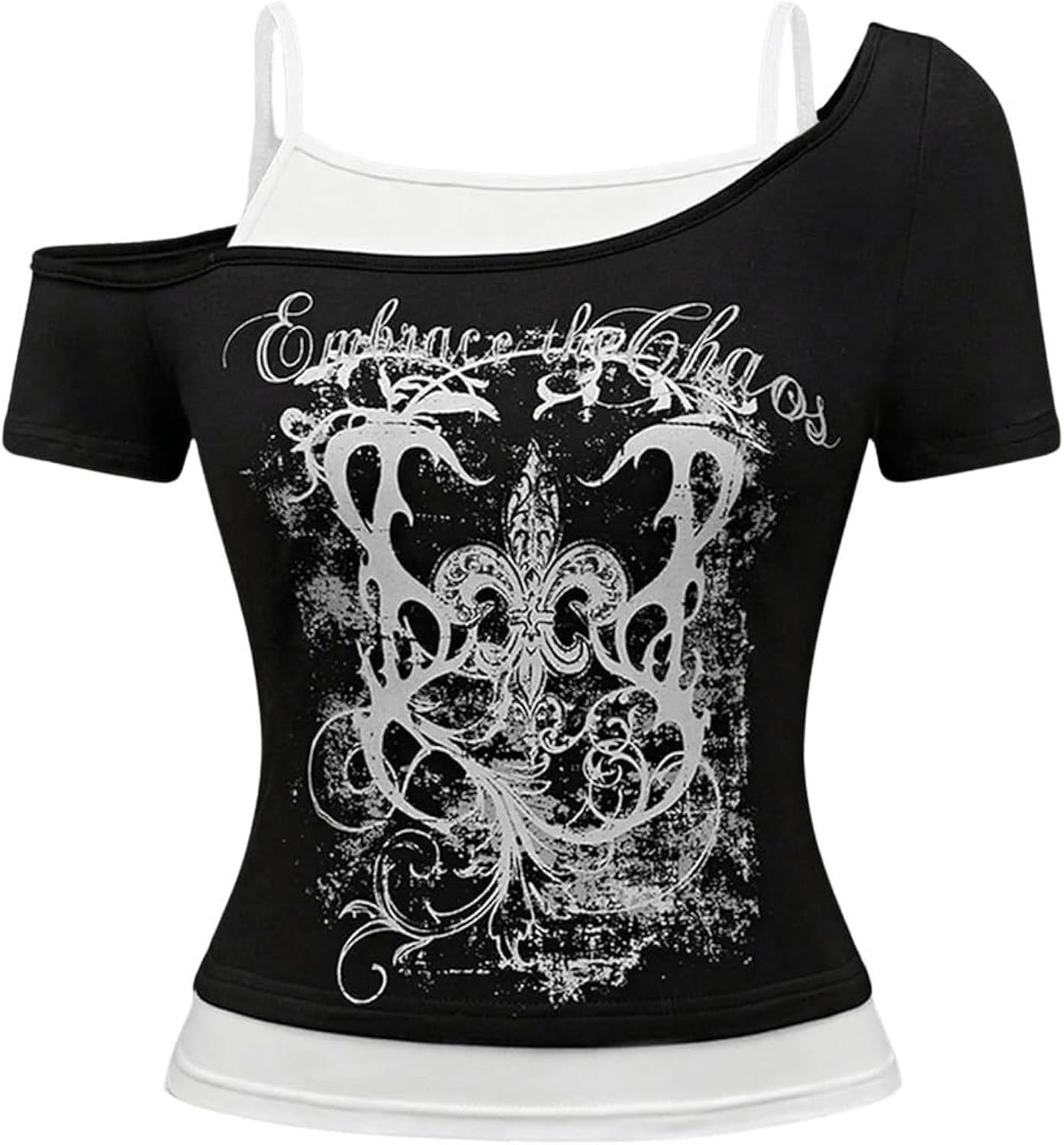 Women's Y2k Goth Graphic Tees Cold Shoulder Short Sleeve T Shirt Color Block Summer Tops