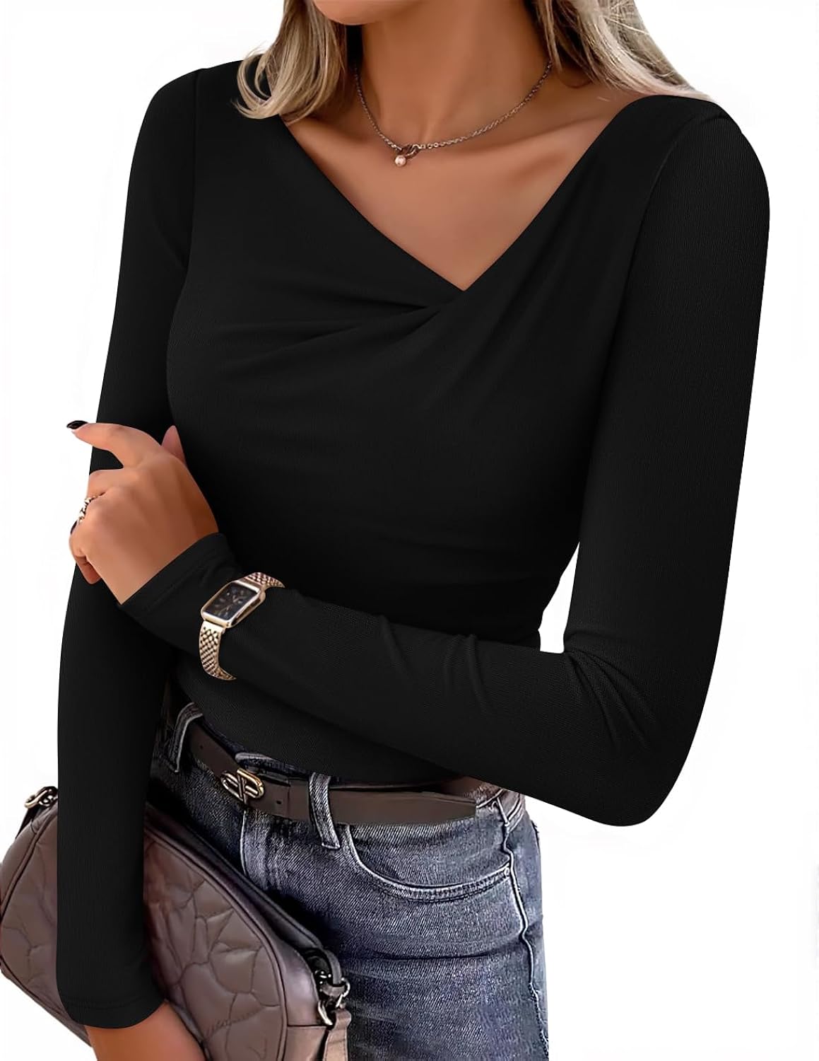 Women's Long Sleeve Asymmetrical Neck T Shirts 2026 Spring Fall Fashion Outfits Ruched Slim Fit Blouses Going Out Tops