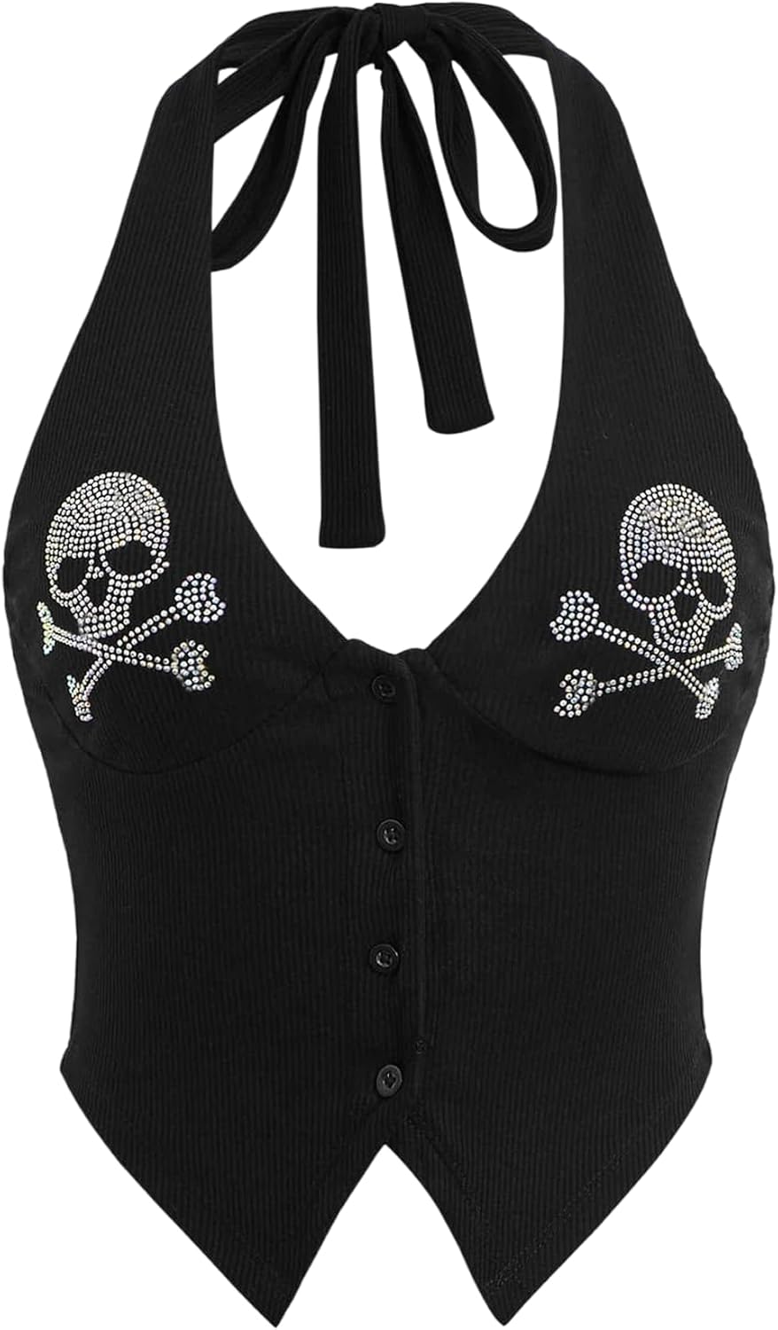 Women's Rhinestone Skull Halter Tops Goth Punk Tie Backless Button Up Tank Crop Tops