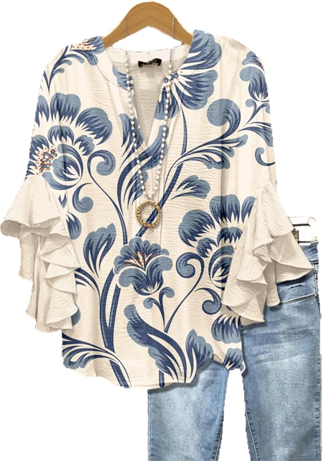 Womens Blouses Dressy Casual Boho Floral Printed Tops Elegant 3/4 Ruffe Sleeve Shirts 2026
