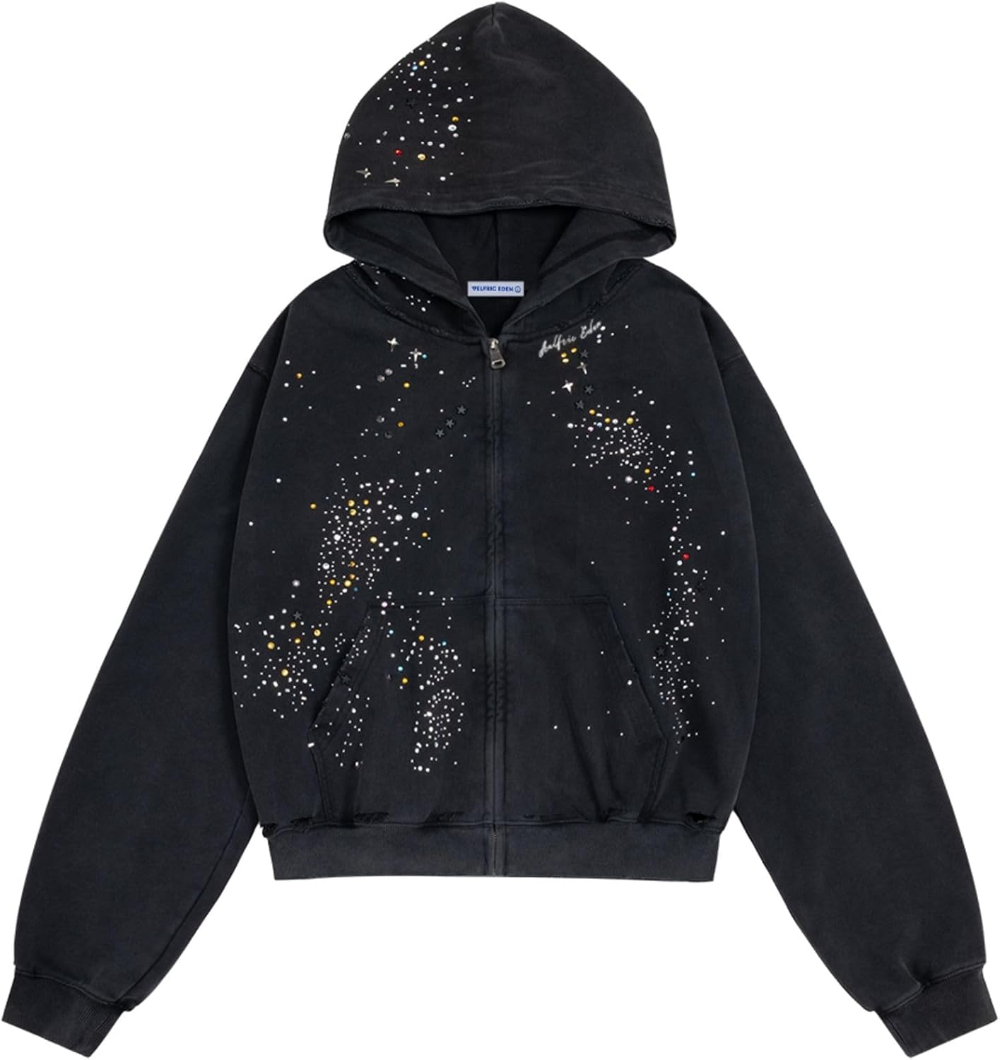 Star Rhinestone Zip Up Hoodies Womens Mens Casual Hooded Jackets Unisex Loose Crystal Y2K Pocket Sweatshirts
