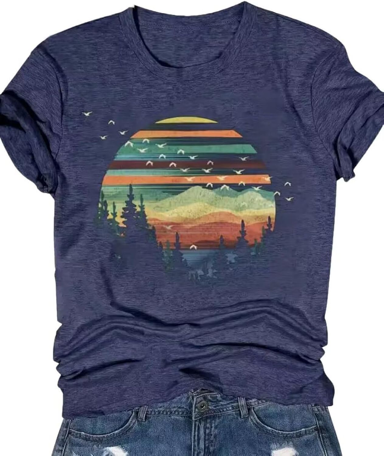 Adventure Awaits Outdoor Graphic T Shirt Women Retro Colorful Print Tees Hike Mountain Nature Travel Shirt Workout Tops