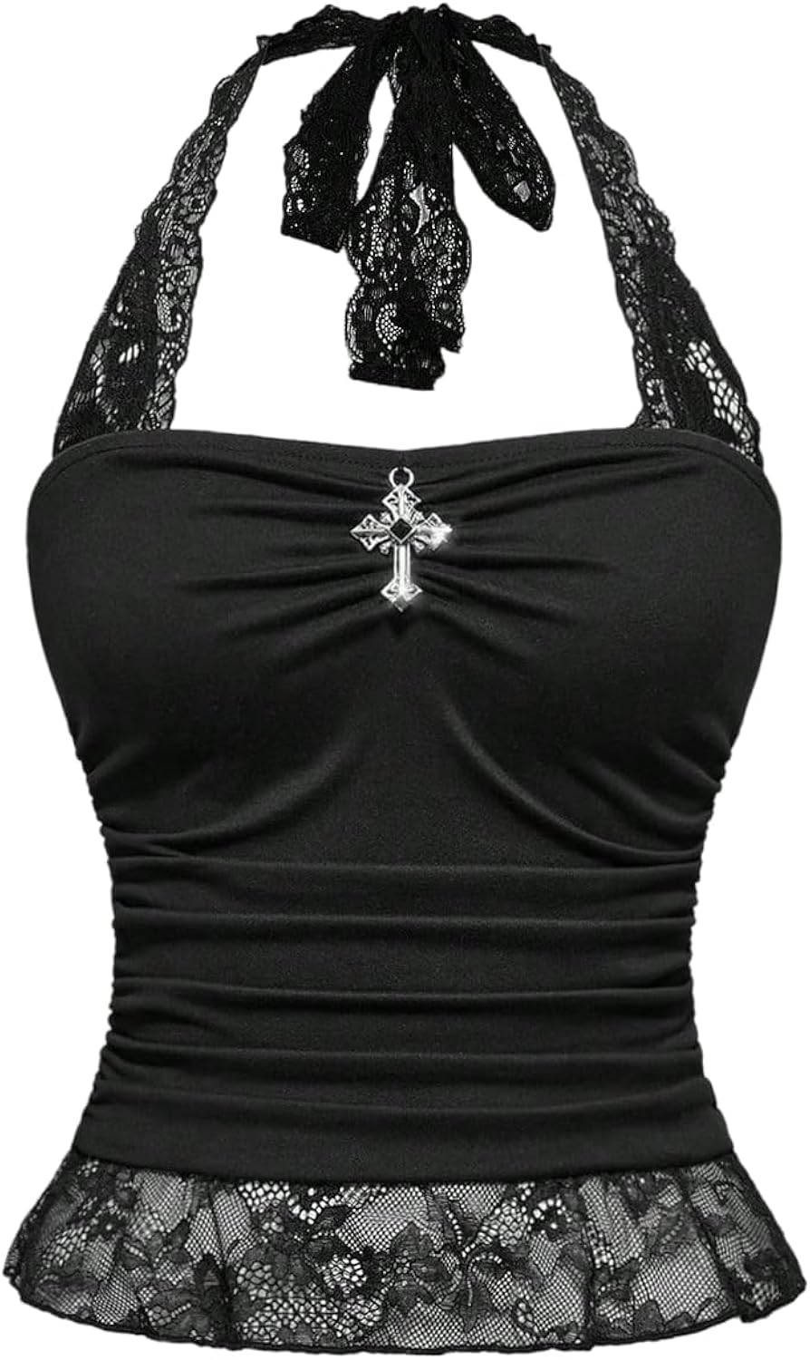 Women's Y2K Goth Halter Tops Lace Ruched Tie Backless Gothic Club Going Out Crop Tank Top