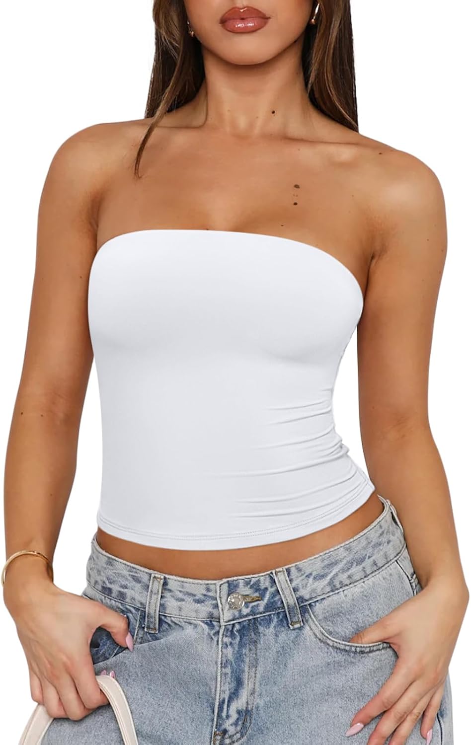 Women's Strapless Tube Top Double Lined & Non-Slip Y2K Backless Crop Tops for Summer Going Out