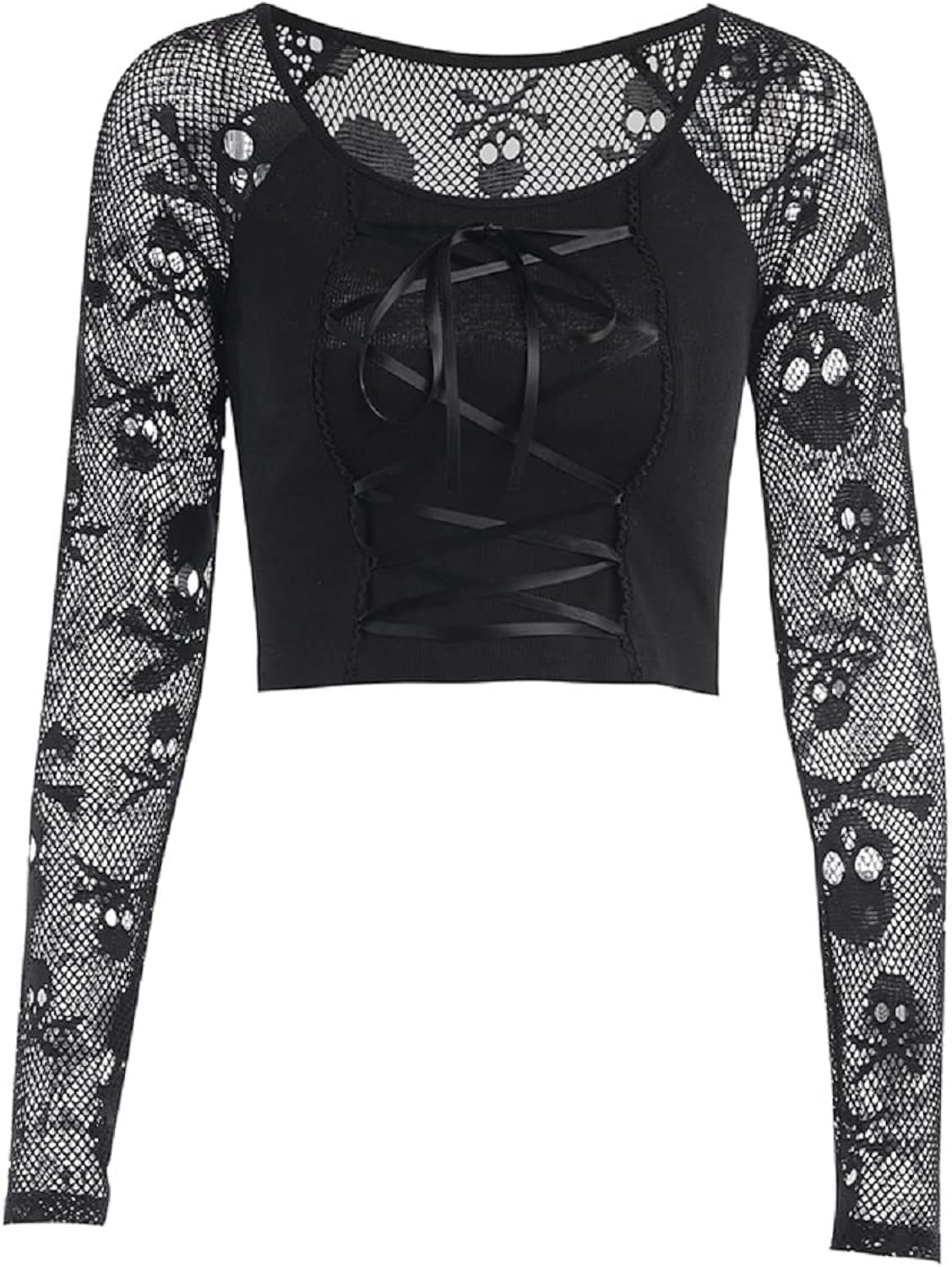 Womens Gothic Crop Tops Skull Mesh Long Sleeve T-Shirt Punk Crewneck Grunge Alt Shirt for Emo Girl