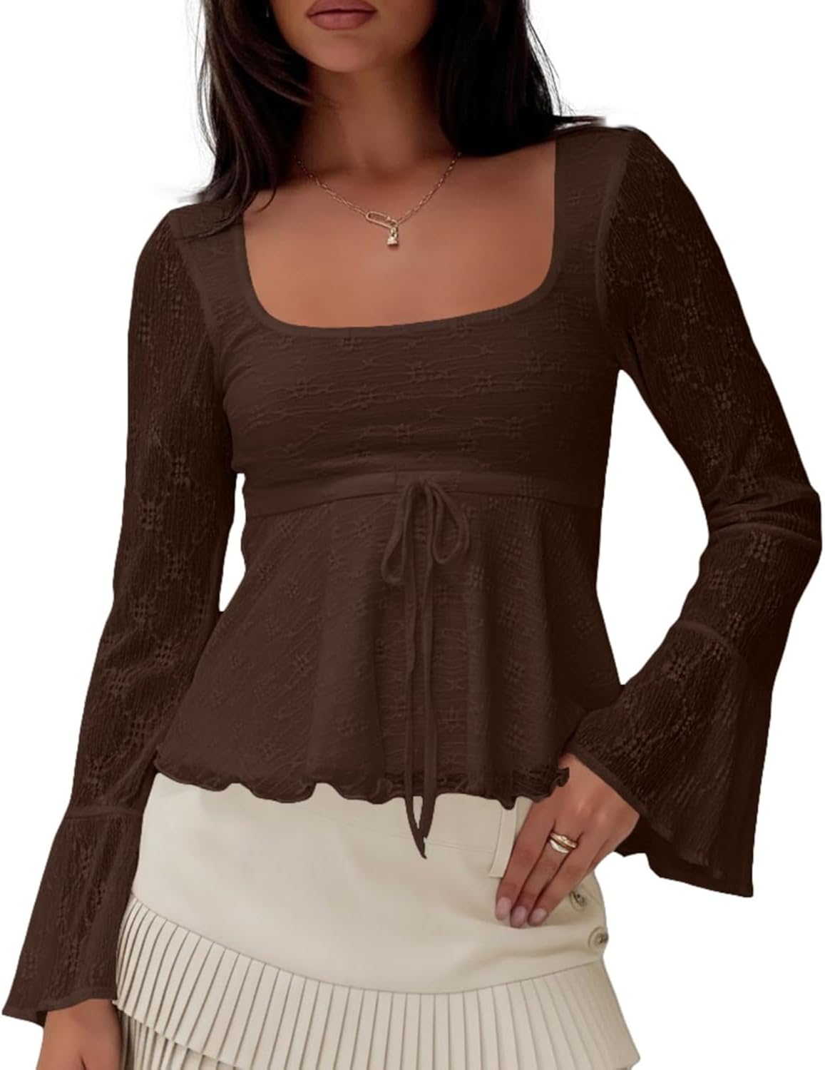 Women Y2K Flowy Peplum Babydoll Tops Fall Outfits Long Sleeve Square Neck Sheer Floral Lace Ruffle Crop Tshirt Blouse