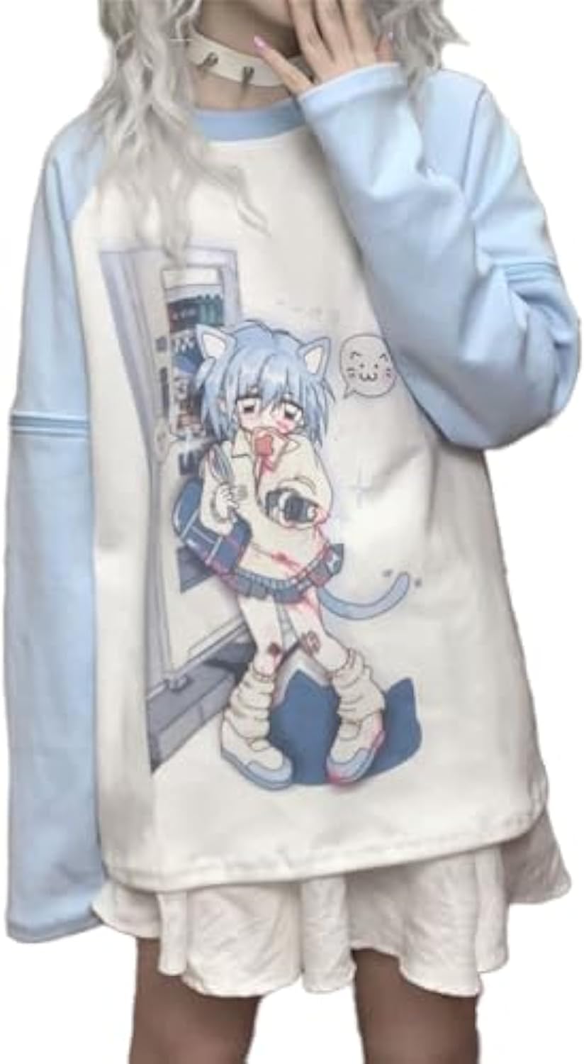 Y2k Aesthetic Detachable Sleeve T-Shirt Women Kawaii Cat Girl Anime Print Cute Sweatshirts Fairycore Streetwear