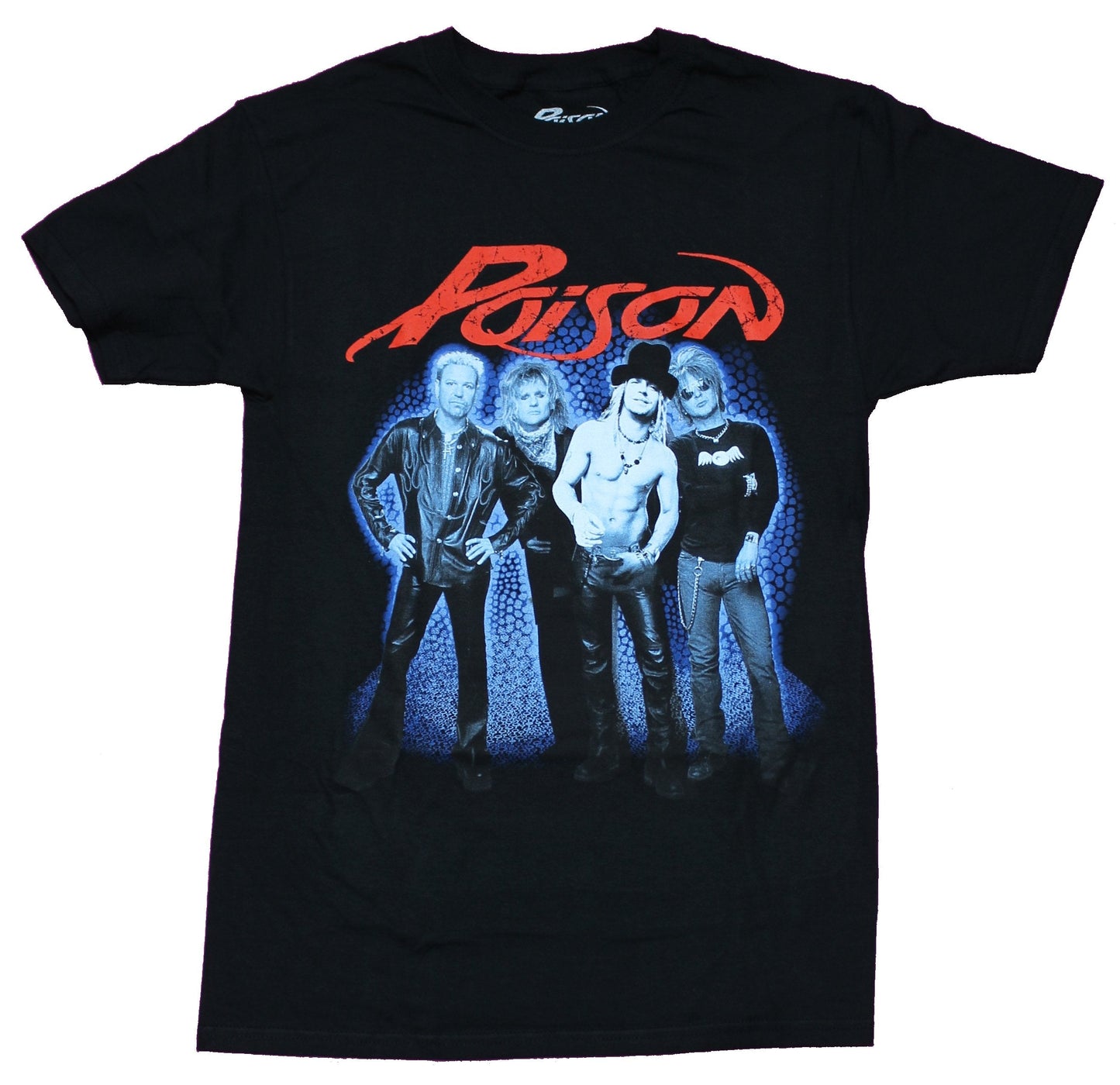 Poison Band Mens T-Shirt - Group Blue Tinted Photo Under Red Logo