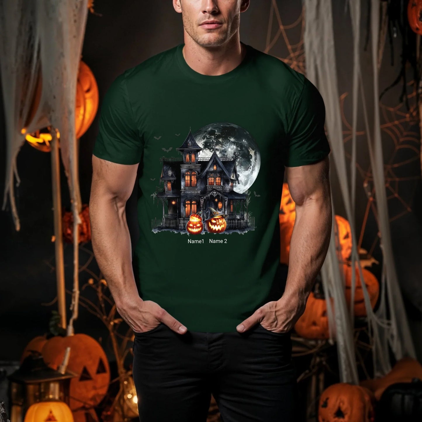Personalized Haunted House Halloween Shirt – Custom Pumpkins & Names Hoodie, Sweatshirt | InkThreadWorks.com (Image 5)