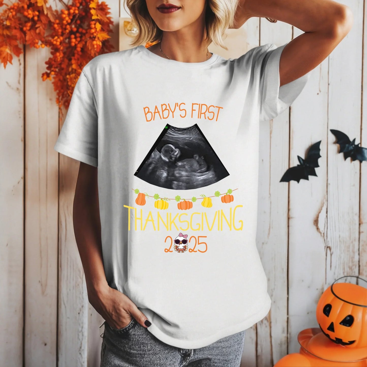 Personalized Baby’s First Thanksgiving 2025 Maternity Shirt – Custom Ultrasound Pumpkin Design Hoodie, Sweatshirt (Image 5)