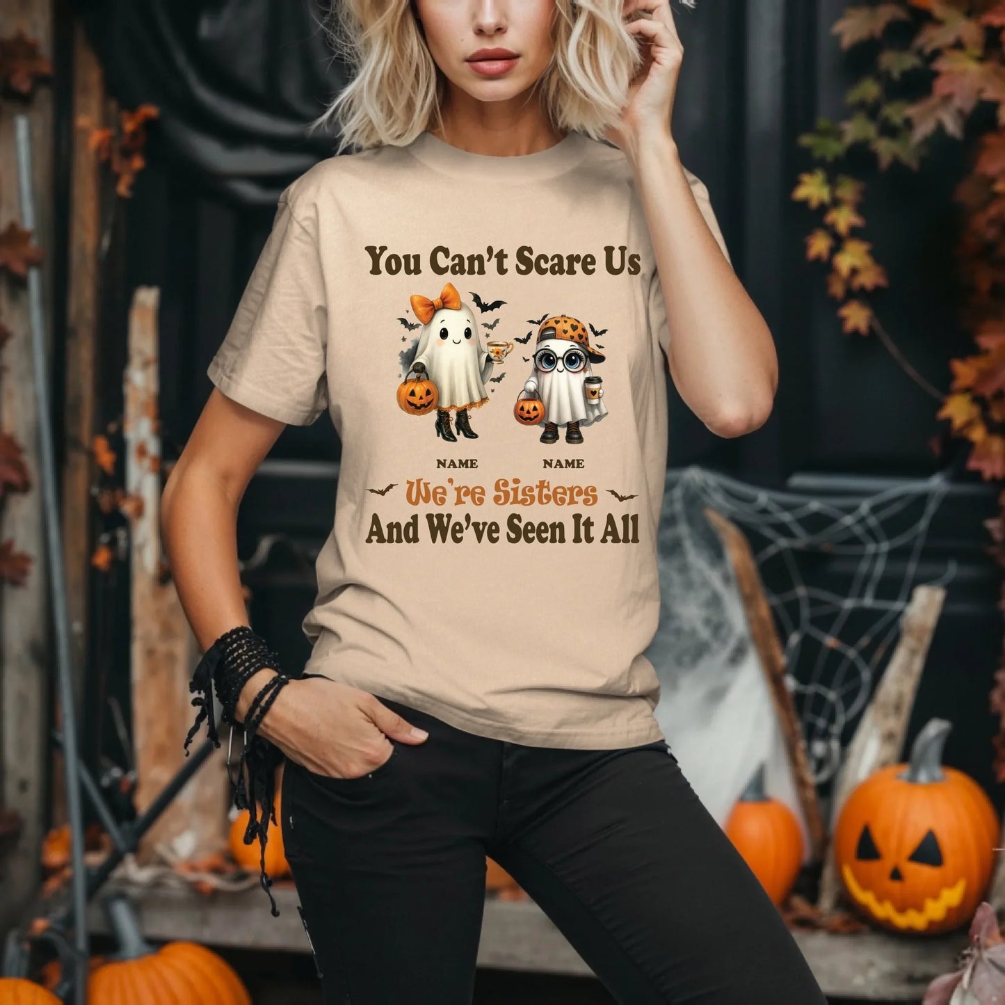 Personalized Sisters Halloween Shirt – Custom Names & Ghost Characters Hoodie, Sweatshirt | InkThreadWorks.com (Image 5)