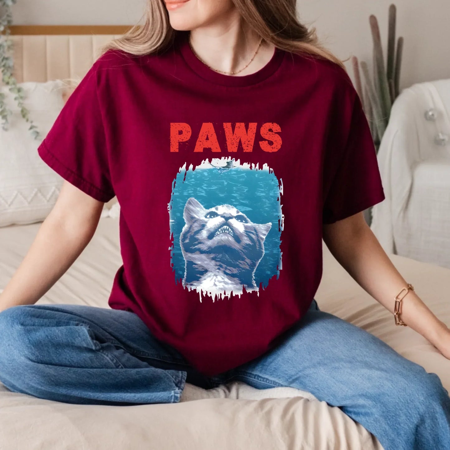 Funny Cat “PAWS” T-Shirt – Jaws Parody Graphic Tee – Retro Cat Meme Shirt for Men & Women Hoodie, Sweatshirt (Image 5)