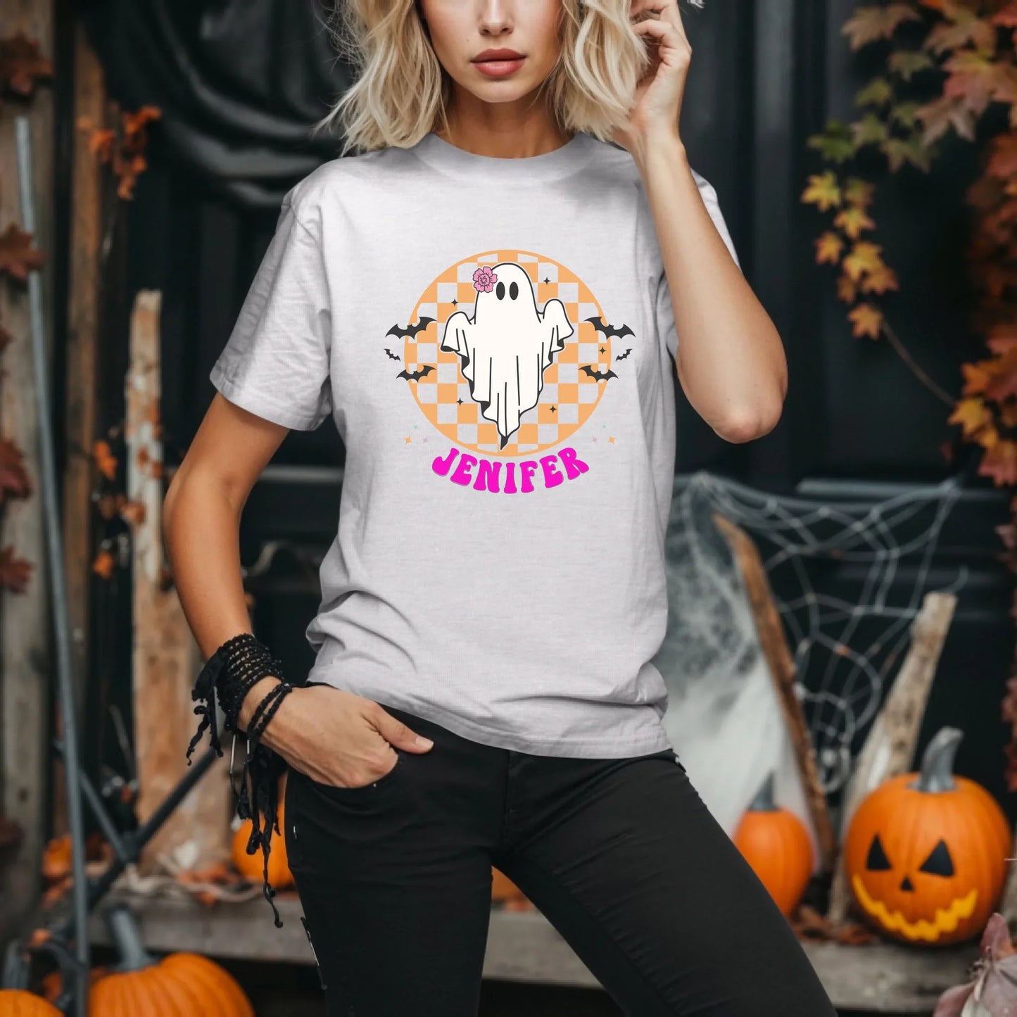 Personalized Halloween Ghost Shirt – Custom Name Checkerboard Tee Hoodie, Sweatshirt | InkThreadWorks.com (Image 5)
