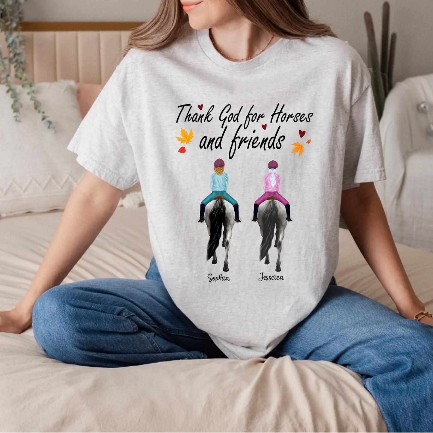 Personalized Horse Riding Shirt – Custom Friends & Horse Names – “Thank God for Horses and Friends” Equestrian... (Image 5)
