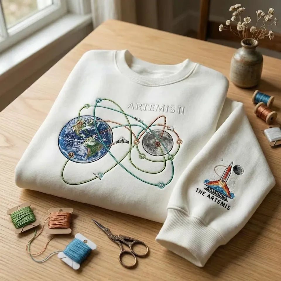 Artemis II Embroidered Sweatshirt, Vintage Space Mission Crewneck, Earth