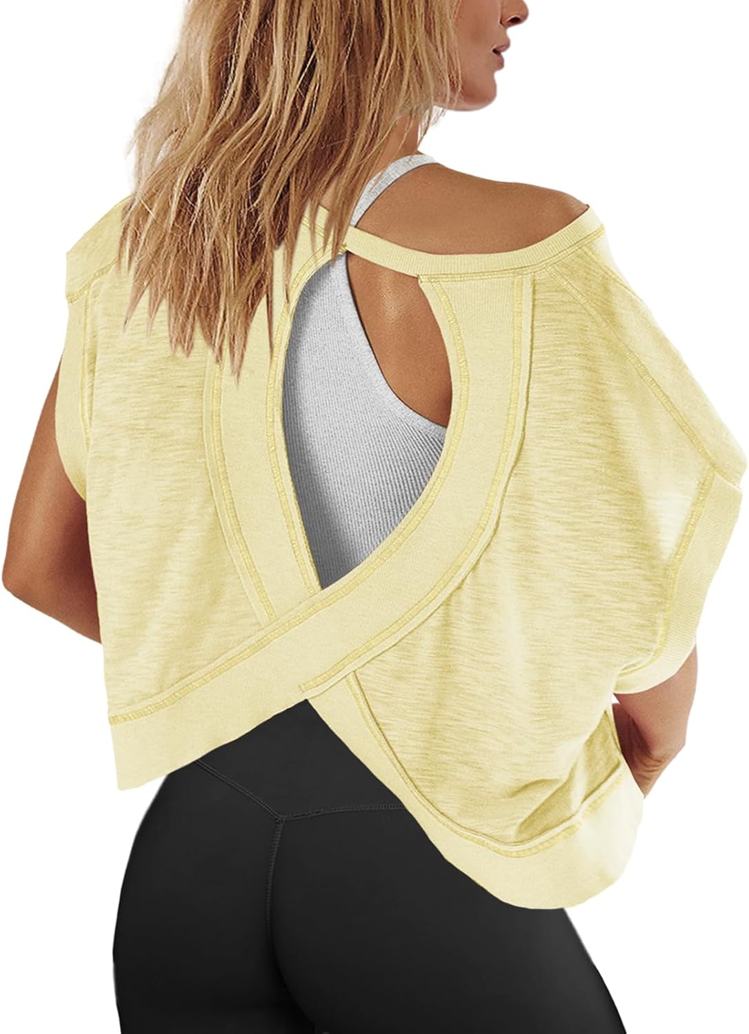 Womens Open Back Workout Top Oversized Workout T Shirts Backless Athletic Shirt Short Sleeve Baby Tee