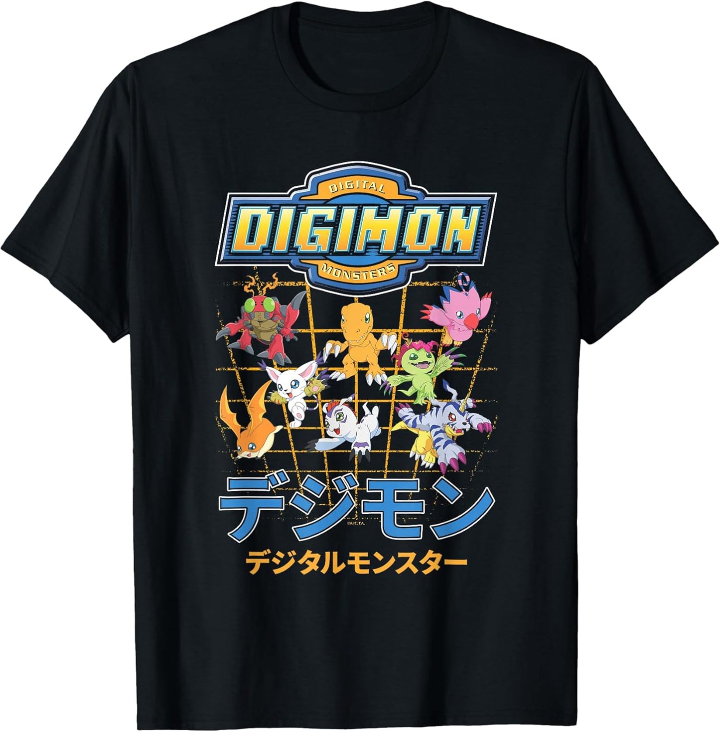 Character Grid with Kanji and Logo Digital Monsters T-Shirt