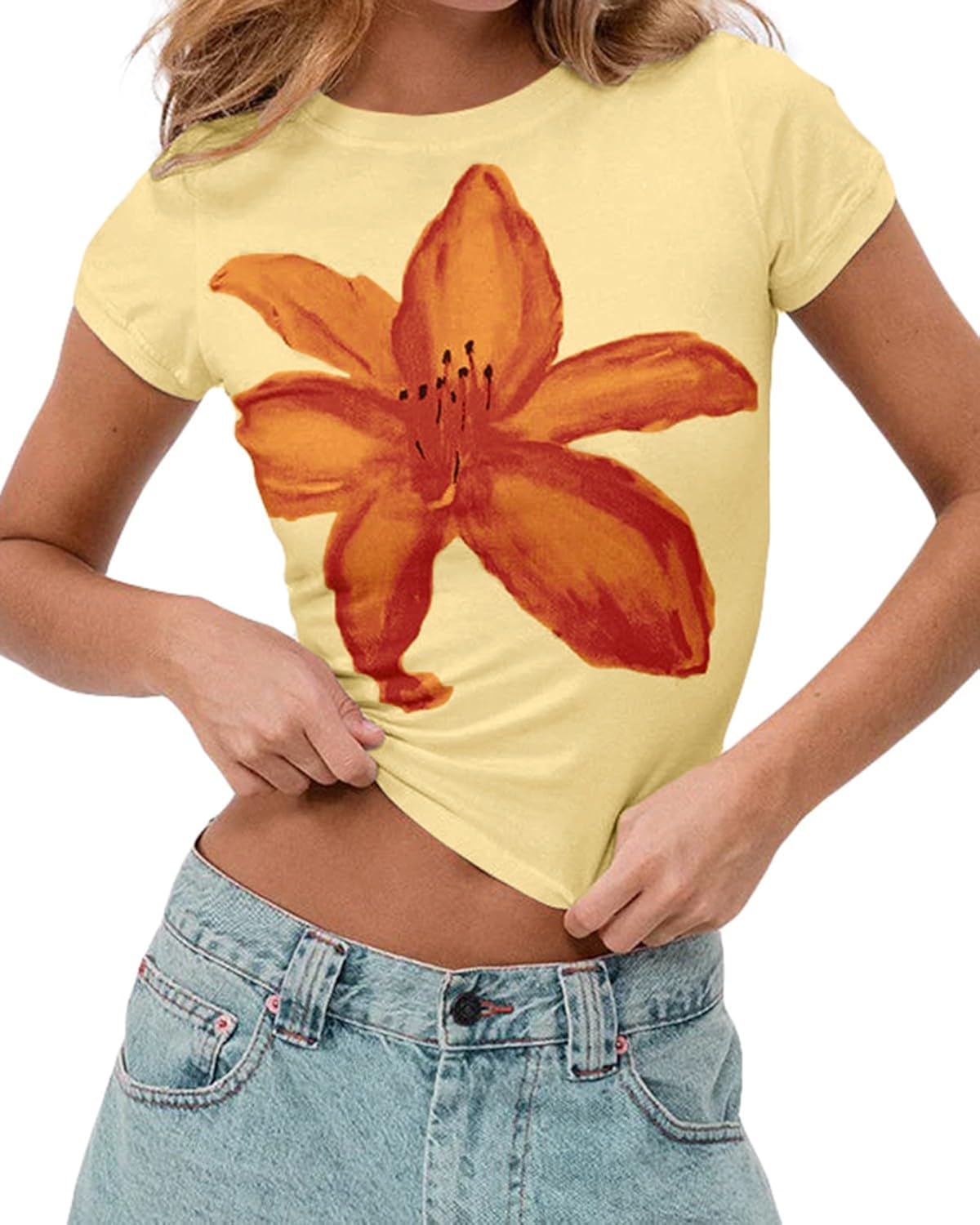 Women Y2K Short Sleeve Flower Graphic Baby Tee Shirt Vintage Aesthetic Floral Print Summer Crop Tshirt Tops
