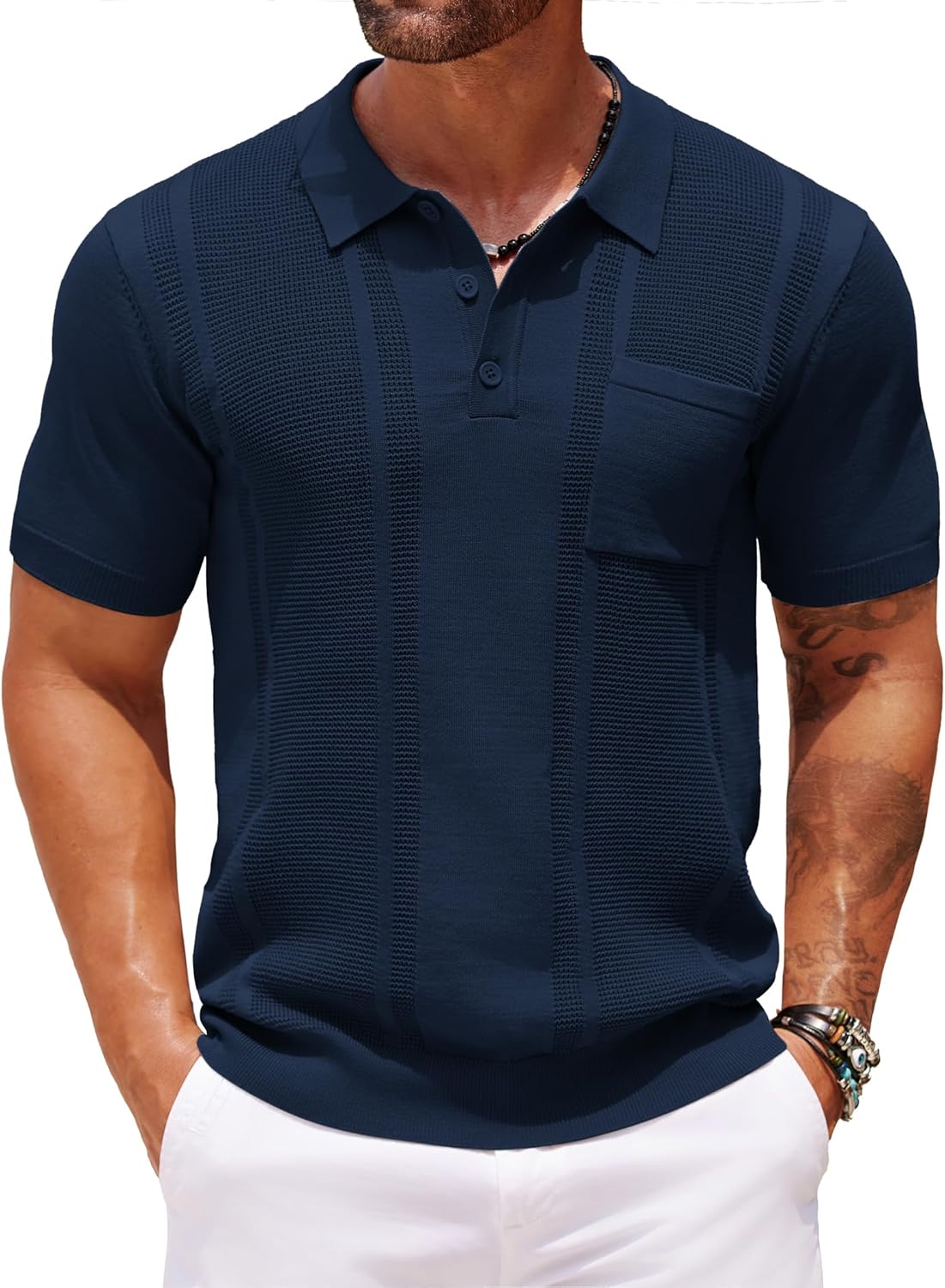 Knit Polo Shirts for Men Short Sleeve Textured Polo Shirt Slim Fit Summer Collared T Shirt with Pocket