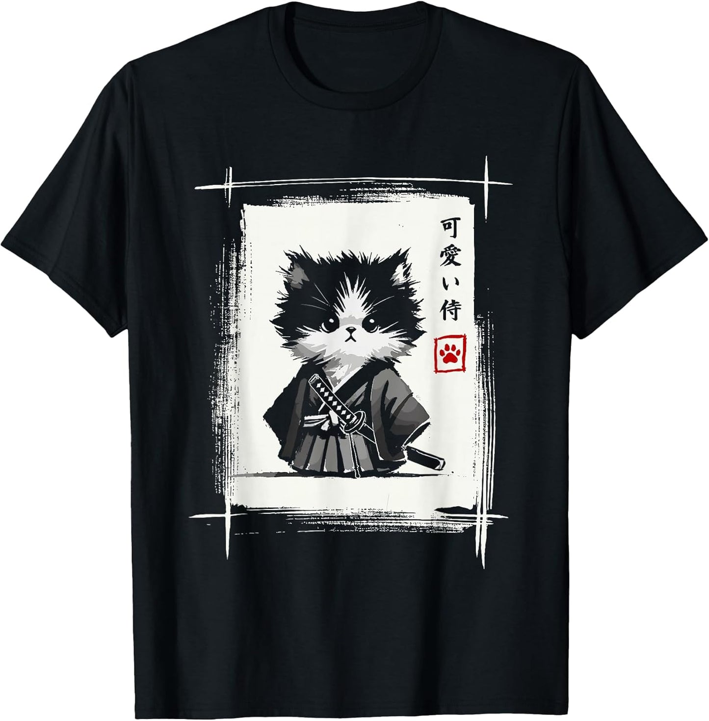 Samurai Cat Japanese Art Sumi-e Novelty Kawaii Funny Cat T-Shirt