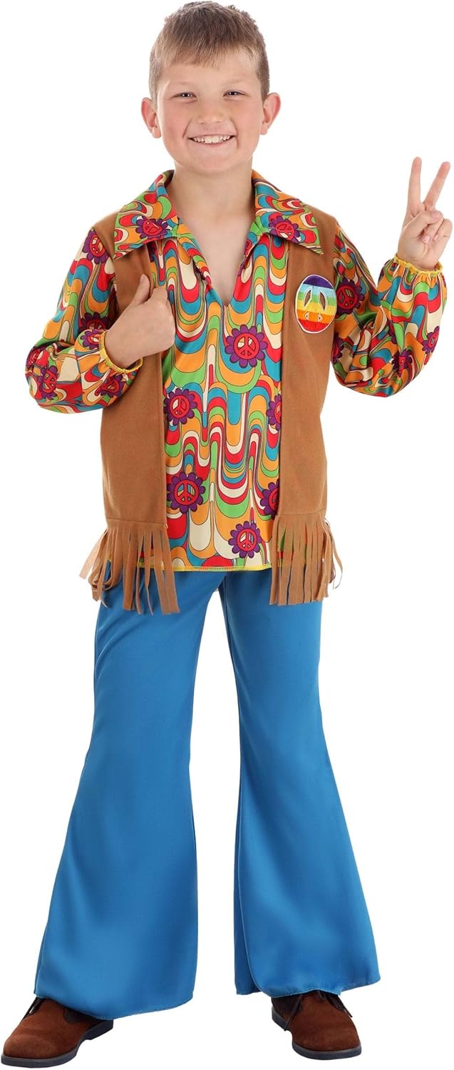 Woodstock Hippie Costume for Boys with Shirt, Vest Panels & Bell Bottom Pants, Groovy 60s 70s Kids Halloween Outfit