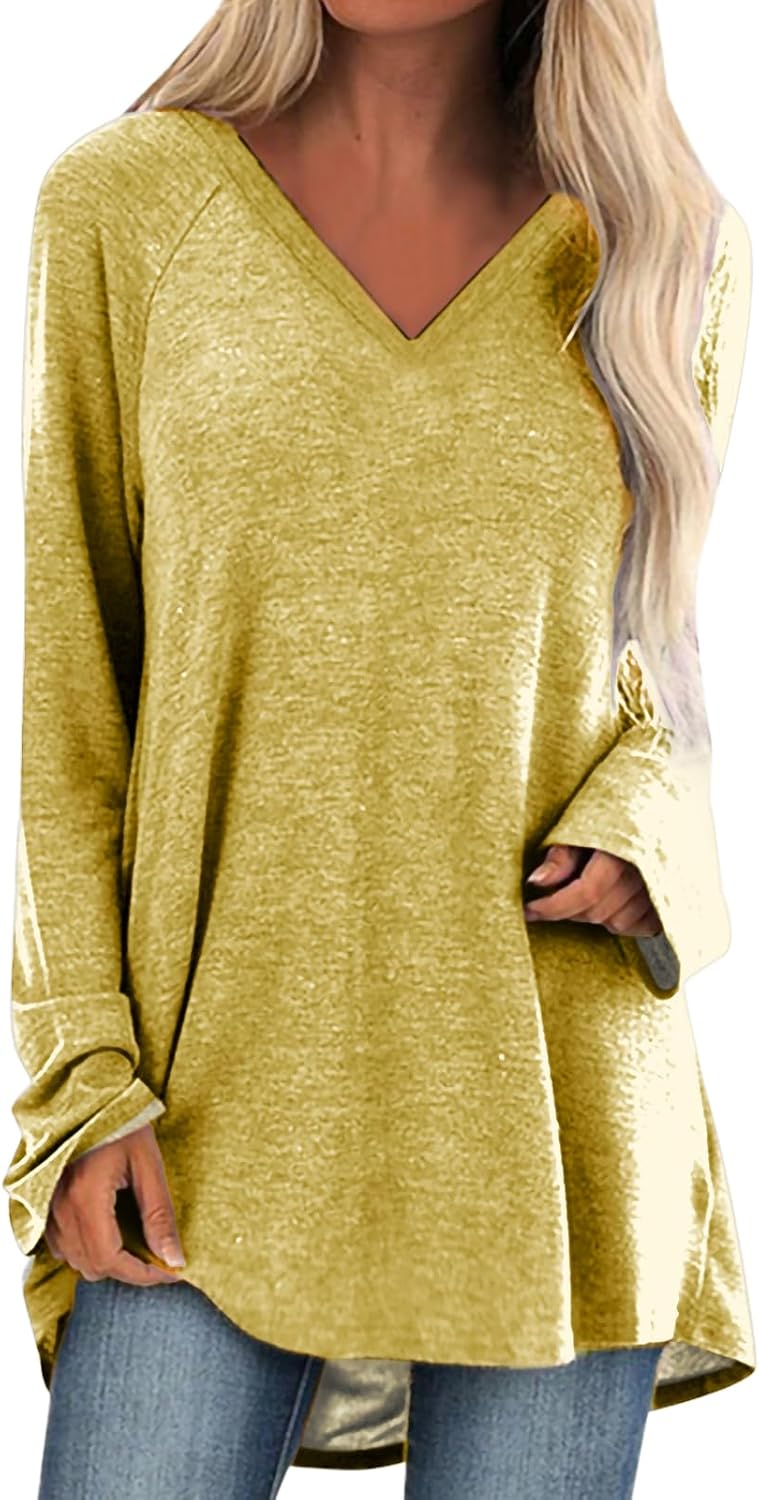 Casual Shirts for Women V Neck Comfy Curved Hem Plus Size Tunic Loose Fit High Hem Basic Tops