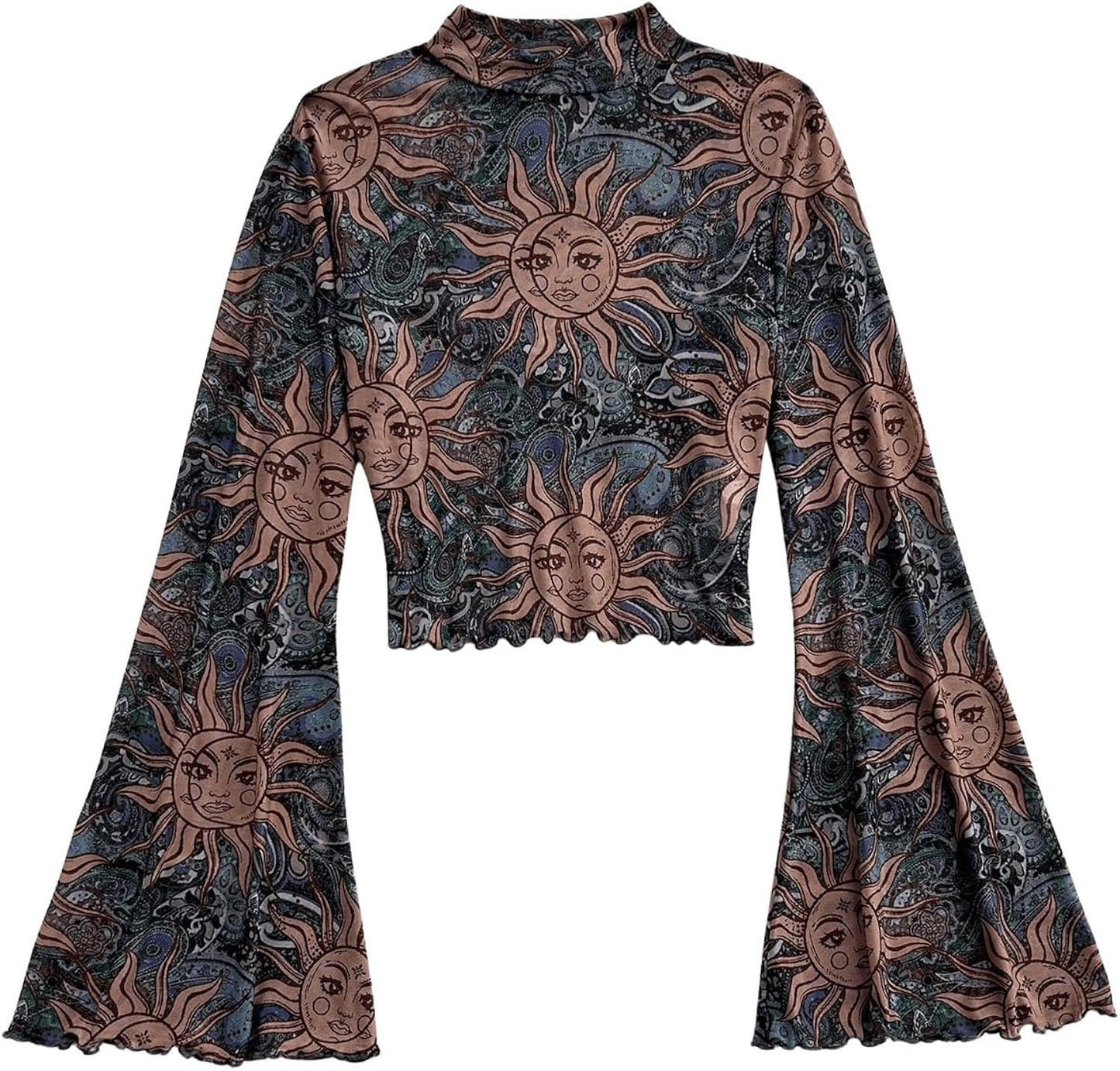 Women's Mesh Gothic Bell Sleeve T Shirts Mock Neck Paisley Halloween Hippie Crop Tops Brown Multi Large