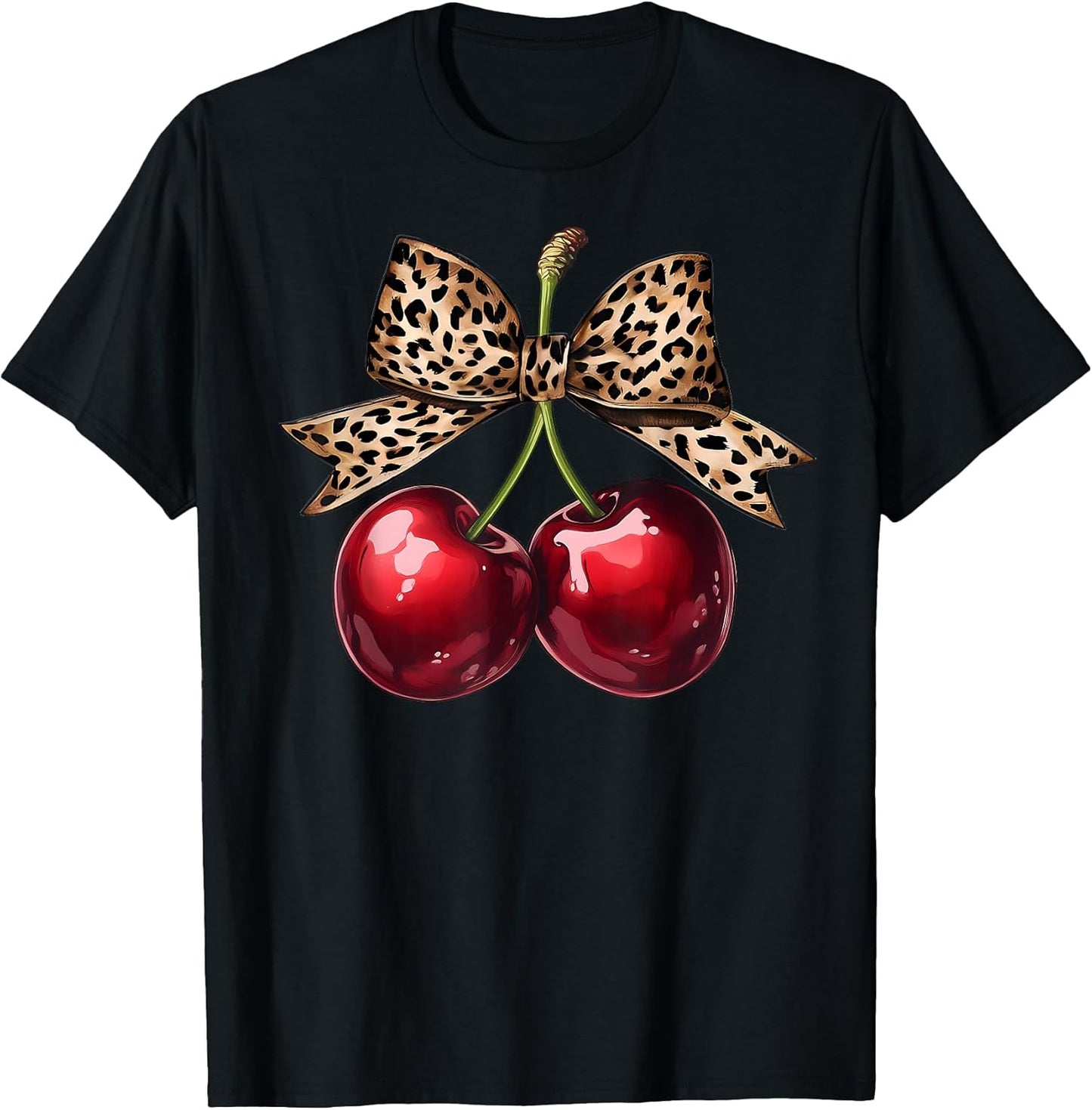 Retro Cherry Leopard Coquette Bow Cute Cherries Women Girls T-Shirt