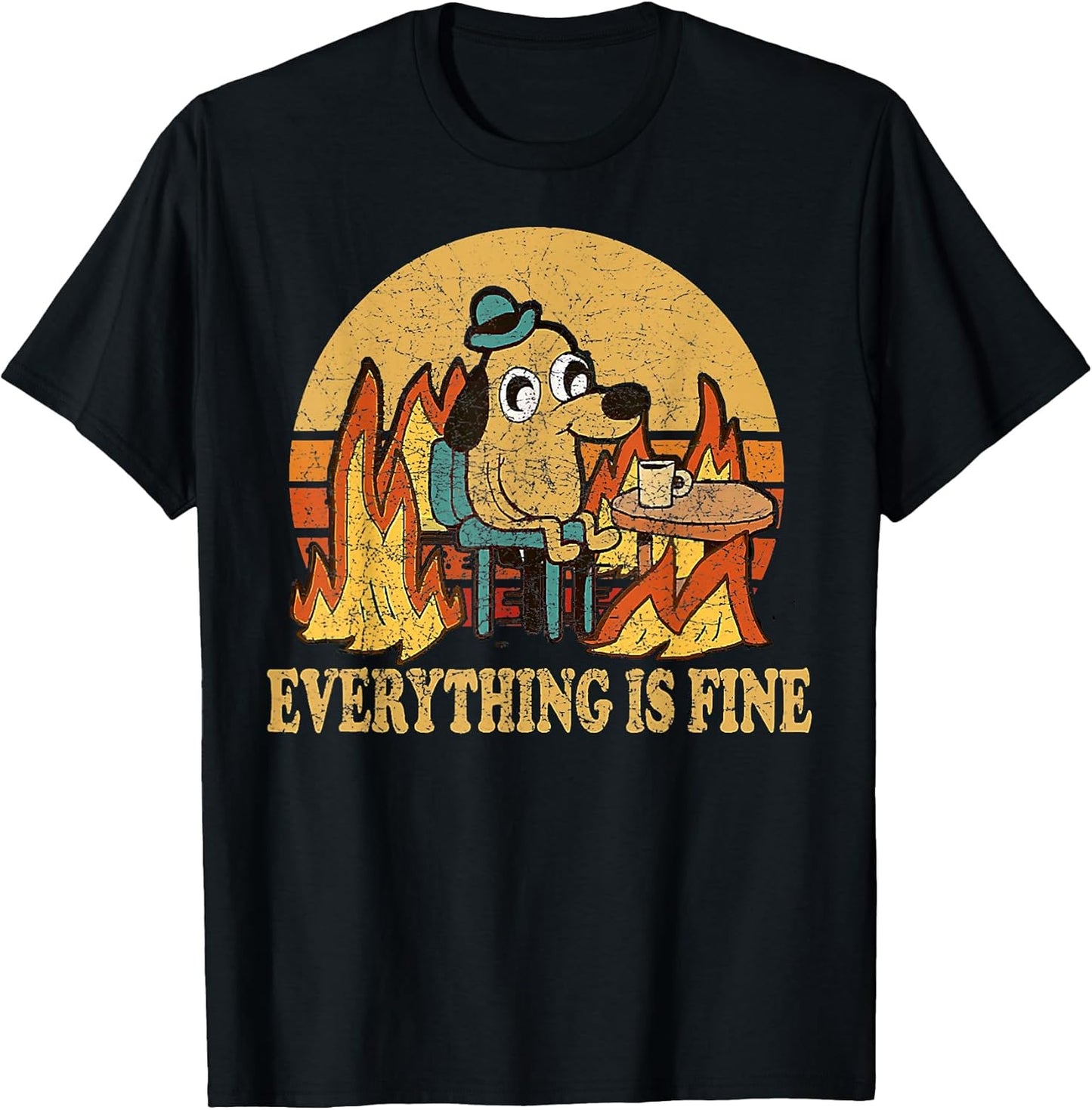 Everything is Fine Dog Drinking Coffee Burning Meme T-Shirt Small