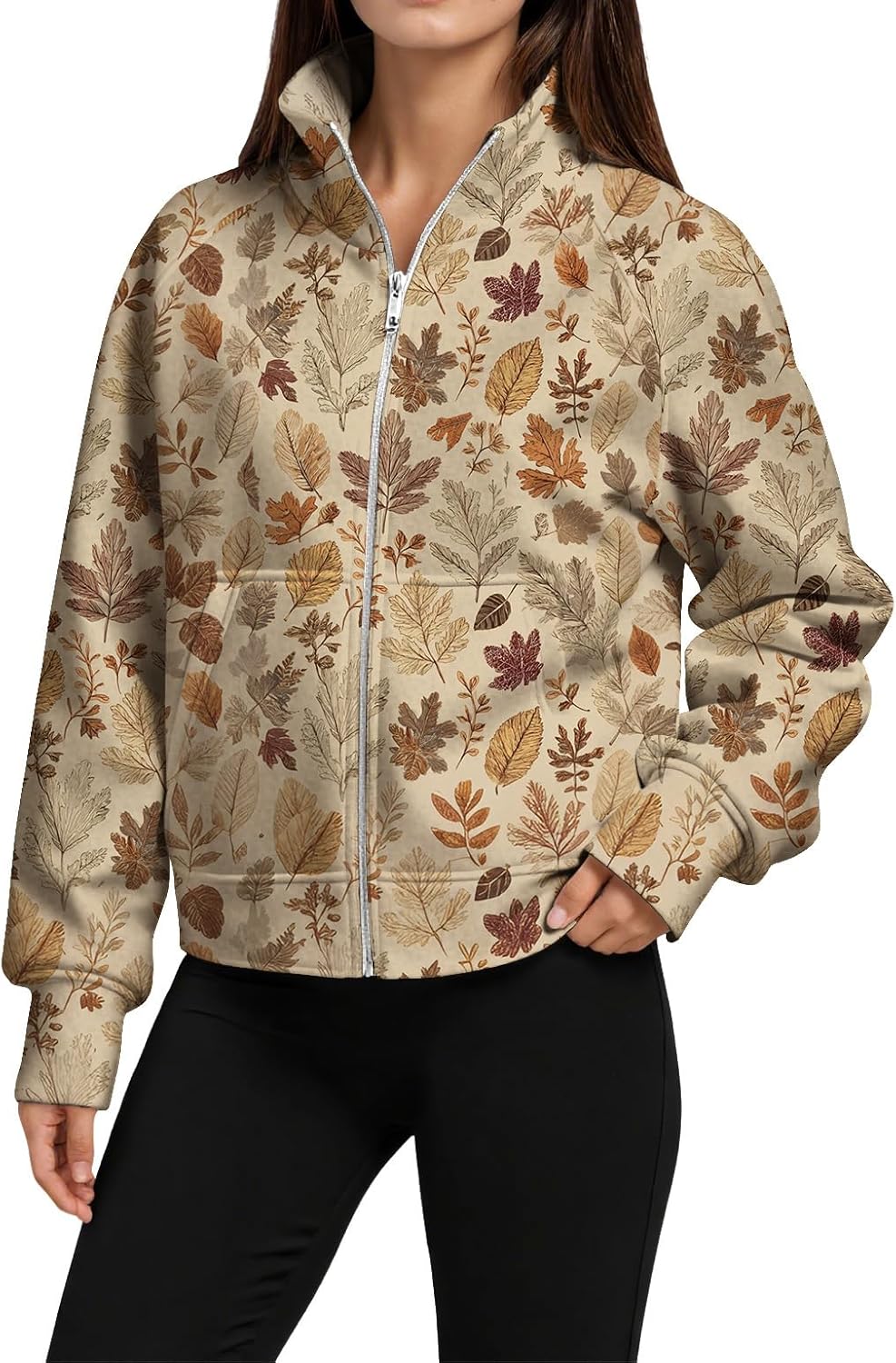 Maple Leaves Print Zip Up Jackets for Women Casual Loose Fit Cropped Jacket Graphic Long Sleeve Stand Collar Zipper Sweatshirt with Pockets Fashion Fall Clothes Leaf Print L