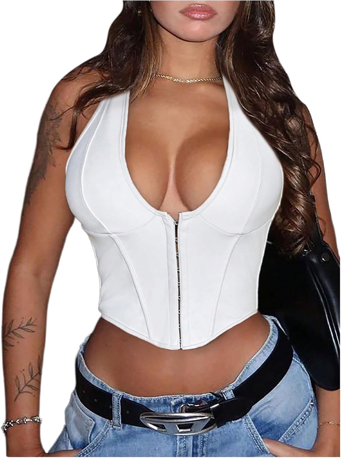Women's Y2K PU Leather Halter Neck Hook Eye Backless Asymmetrical Party Crop Tank Top